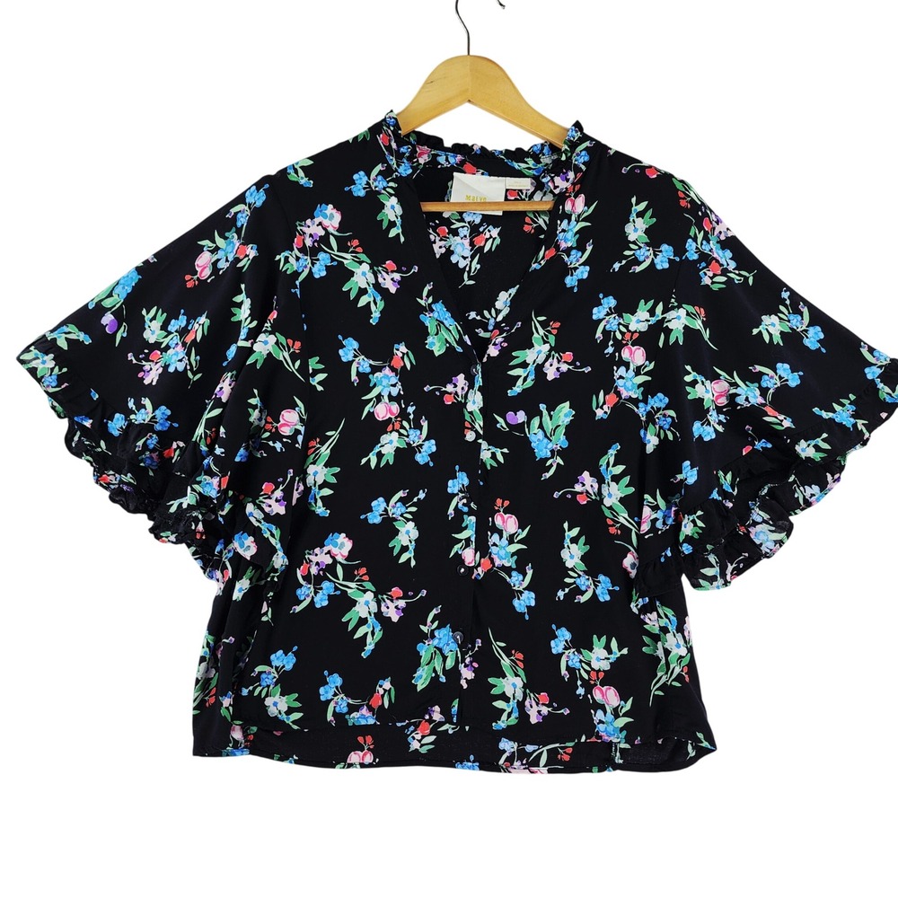 Maeve Anthropologie Blouse Women Small Black Floral Ruffle Sleeve Viscose Boho
